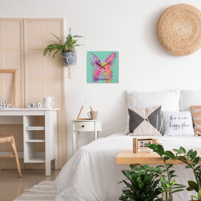 Personalized Watercolor Butterfly Peace Signs Girl Square Wall Clock (Creator Uploaded)