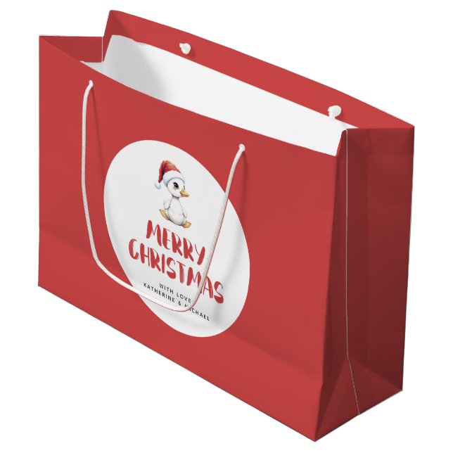 Personalized Watercolor Christmas Goose Duck  Large Gift Bag (Front Angled)