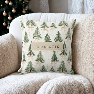 Personalized Watercolor Christmas Tree Name  Cushion