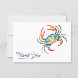 Personalized Watercolor Crab Beach Thank You Cards