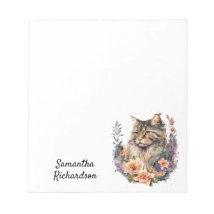 Personalized Watercolor Floral Boho Cat Notepad