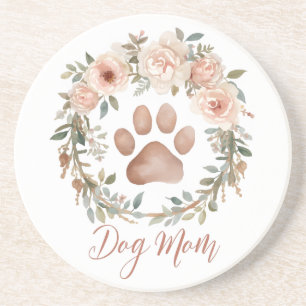 Personalized Watercolor Floral Paw Print Dog Mom Coaster