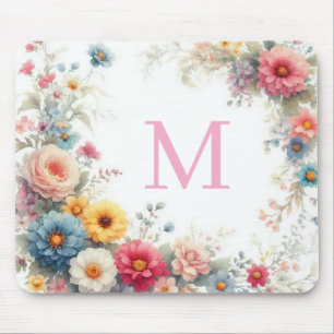 Personalized Watercolor Flowers Template Monogram Mouse Mat