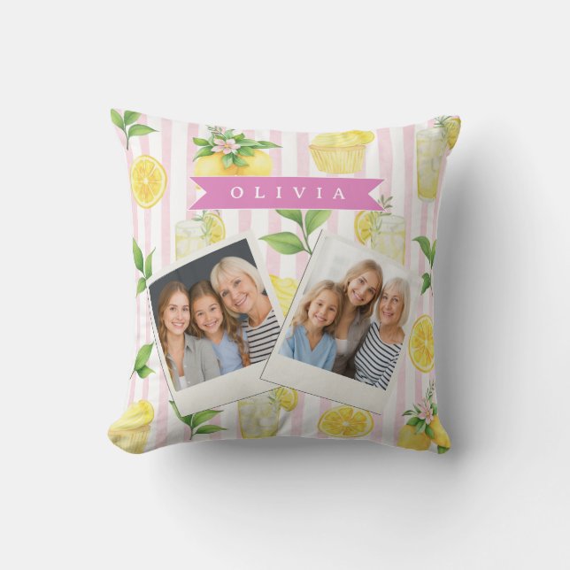 Personalized Watercolor Lemonade Cupcake Stripe Cushion (Front)