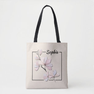 Personalized Watercolor Magnolia Flower Tote Bag