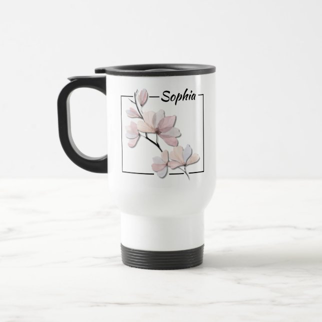 Personalized Watercolor Magnolia Flower Travel Mug (Left)