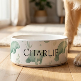 Personalized Watercolor Manatee Pet Bowl