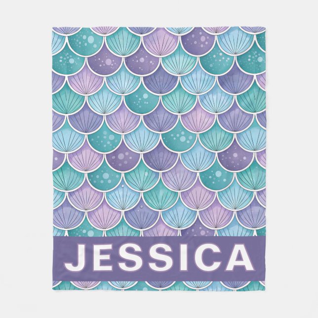 Personalized Watercolor Mermaid Scales Fleece Blanket (Front)