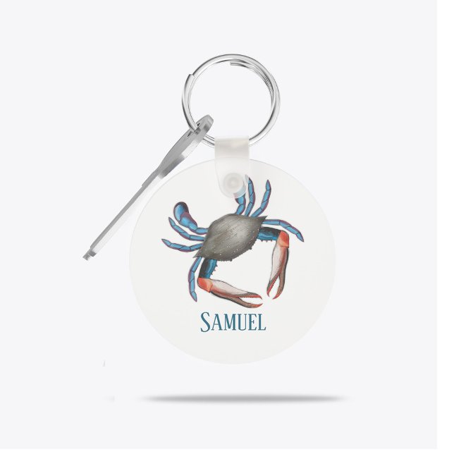 Personalized Watercolor Ocean Blue Crab Coastal Key Ring (Personalized watercolor ocean blue crab keychain with coastal style.)