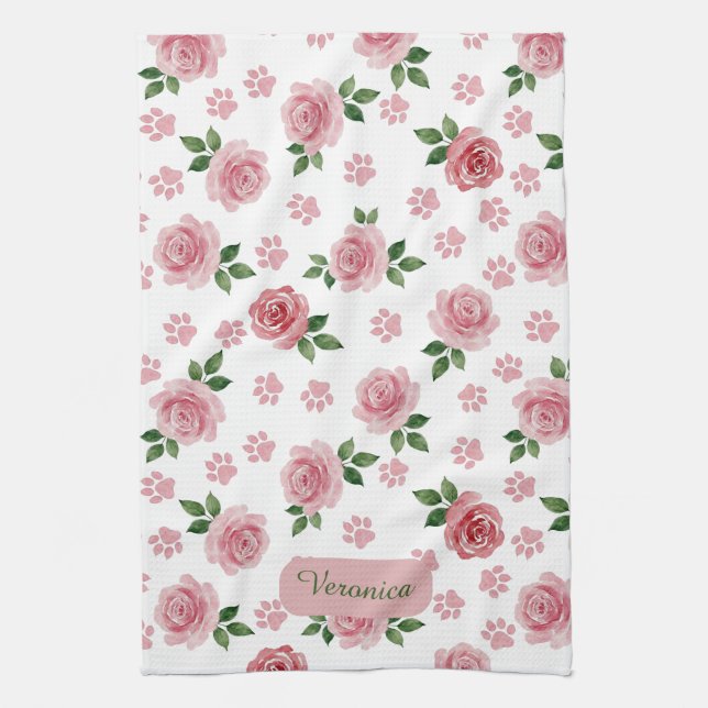 Personalized Watercolor Pink Rose Kitchen Towel  (Vertical)