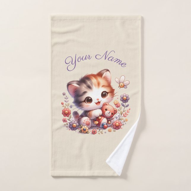 Personalized Watercolor Playing Kitten Name Hand Towel (Hand Towel)