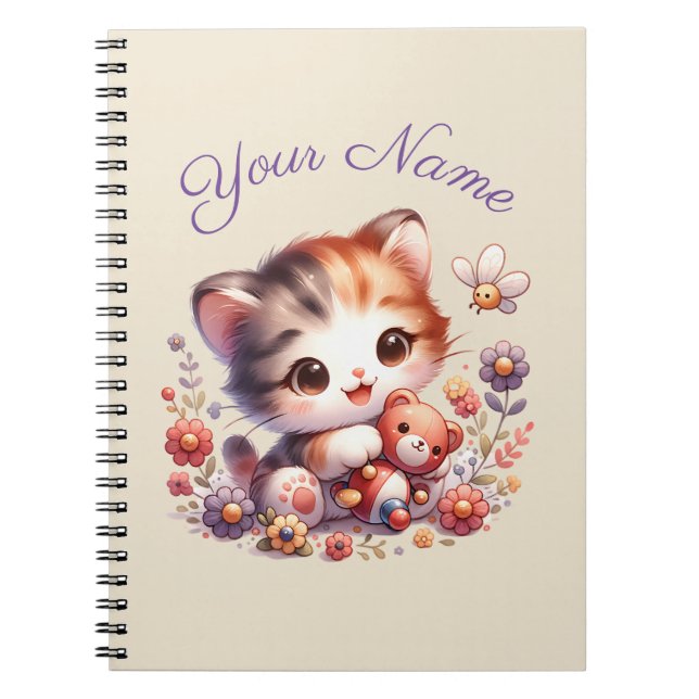 Personalized Watercolor Playing Kitten Name Notebook (Front)
