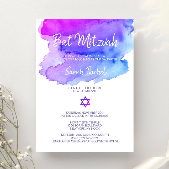 Personalized Watercolor Purple Blue Bat Mitzvah Invitation (Creator Uploaded)