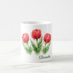 Personalized Watercolor Red Tulips  Coffee Mug