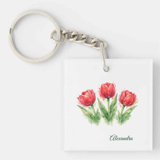 Personalized Watercolor Red Tulips Key Ring (Front)