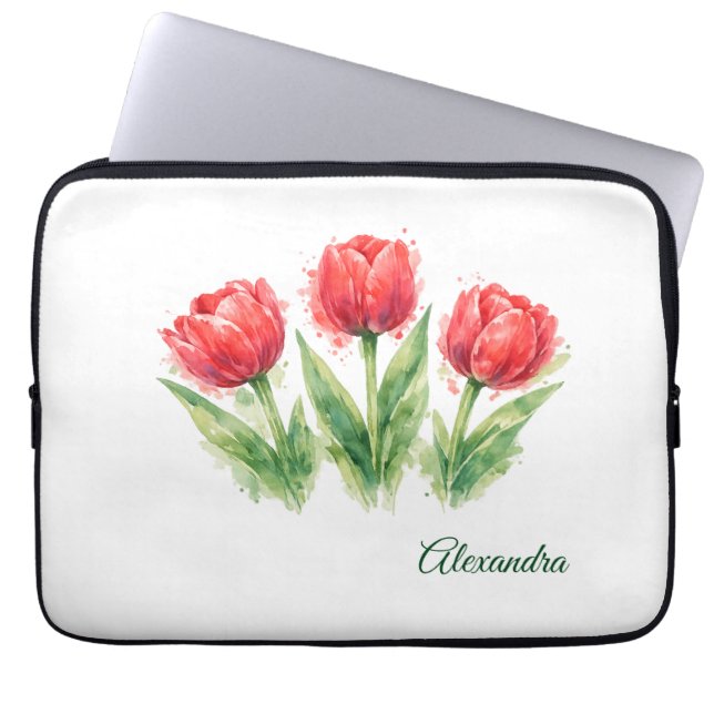 Personalized Watercolor Red Tulips  Laptop Sleeve (Front)
