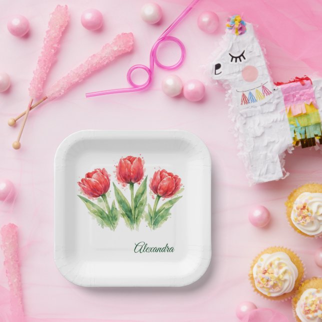 Personalized Watercolor Red Tulips  Paper Plate (Party)