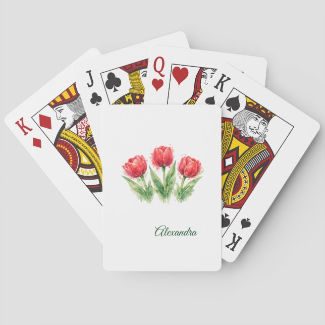 Personalized Watercolor Red Tulips  Playing Cards (Back)