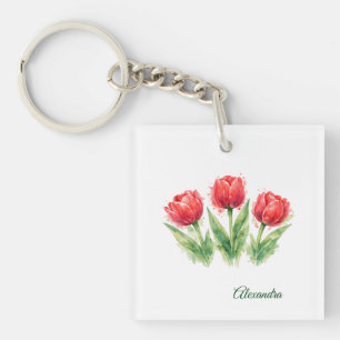 Personalized Watercolor Red Tulips Tote Bag Key Ring