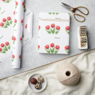 Personalized Watercolor Red Tulips Tote Bag Wrapping Paper