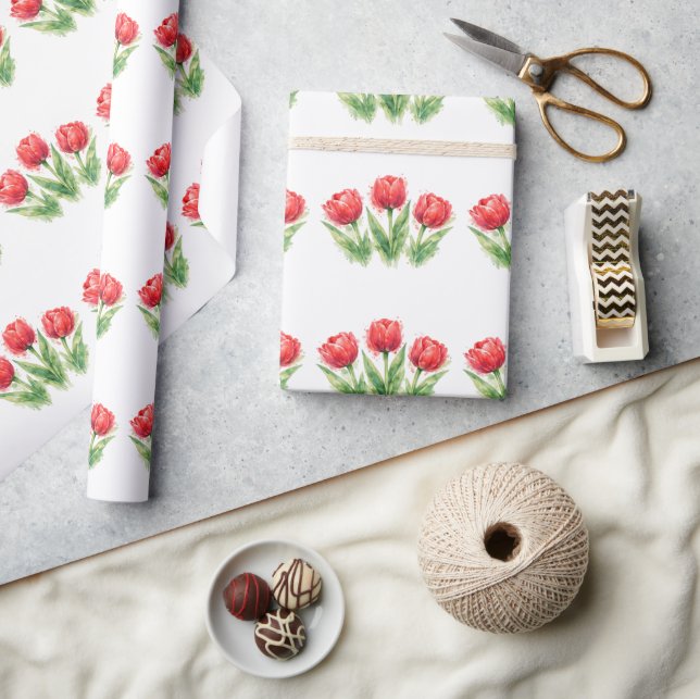Personalized Watercolor Red Tulips Wrapping Paper (Crafts)