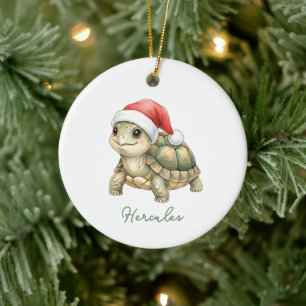 Personalized Watercolor Tortoise Wearing Santa Hat Ceramic Tree Decoration