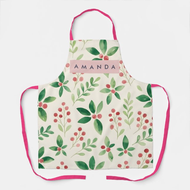 Personalized Watercolor Winter Berry Style Apron (Front)