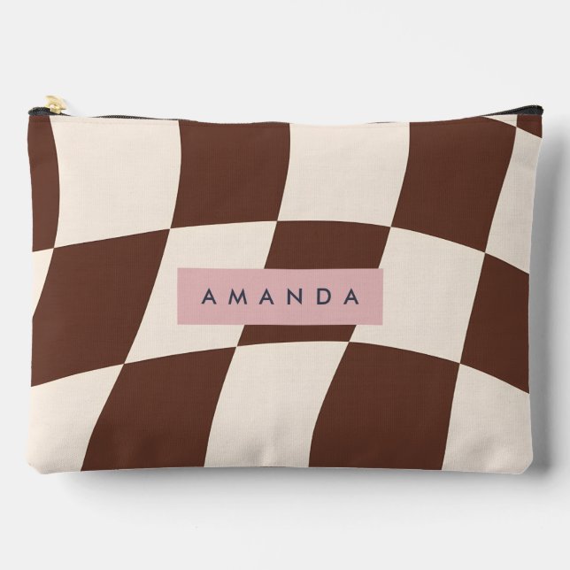 Personalized Wavy Brown Checkerboard Accessory Pouch (Front)