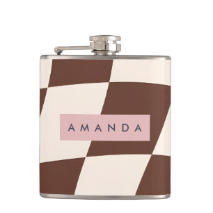Personalized Wavy Brown Checkerboard Hip Flask