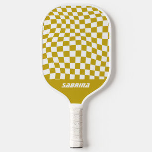 Personalized Wavy Checker   Golden and White Pickleball Paddle