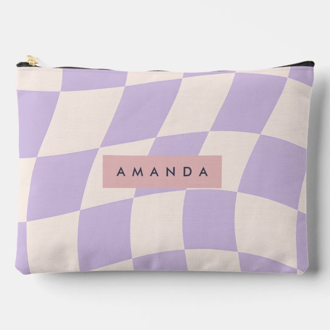 Personalized Wavy Pastel Lavender Checkered  Accessory Pouch (Front)