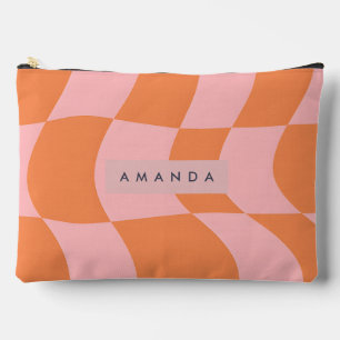Personalized Wavy Retro Orange & Pink Checkered  Accessory Pouch
