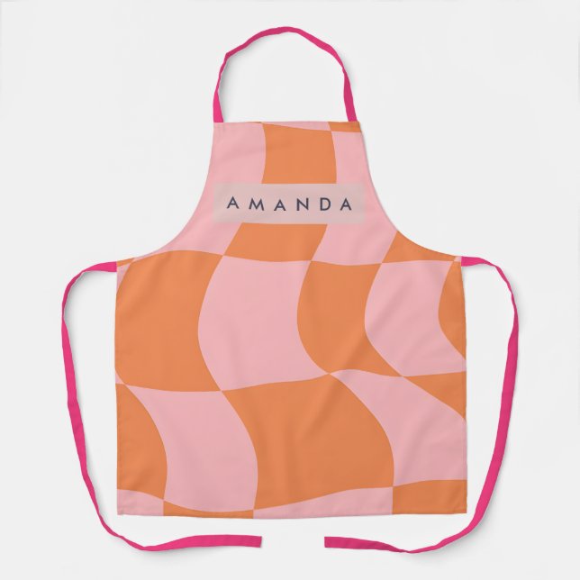 Personalized Wavy Retro Orange & Pink Checkered  Apron (Front)