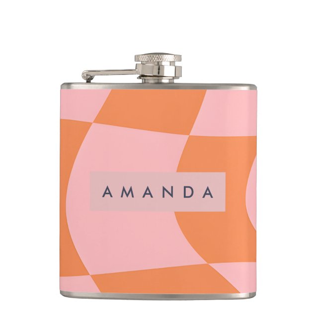 Personalized Wavy Retro Orange & Pink Checkered  Hip Flask (Front)