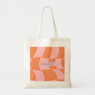 Personalized Wavy Retro Orange & Pink Checkered  Tote Bag