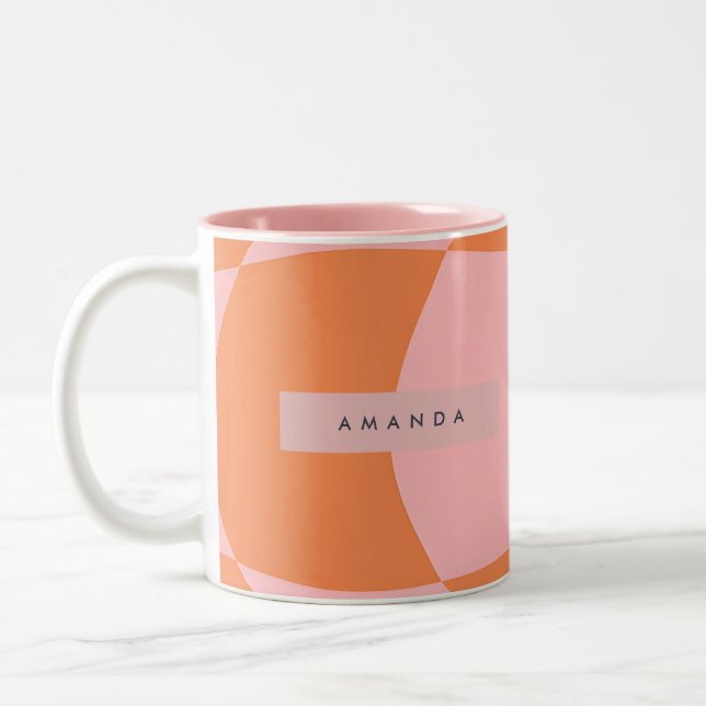 Personalized Wavy Retro Orange & Pink Checkered  Two-Tone Coffee Mug (Left)