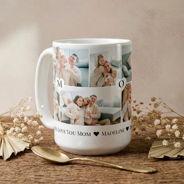 Personalized We Love You Mom Heart Photo Collage Coffee Mug (Personalized We Love You Mom Heart Photo Collage Coffee Mug)