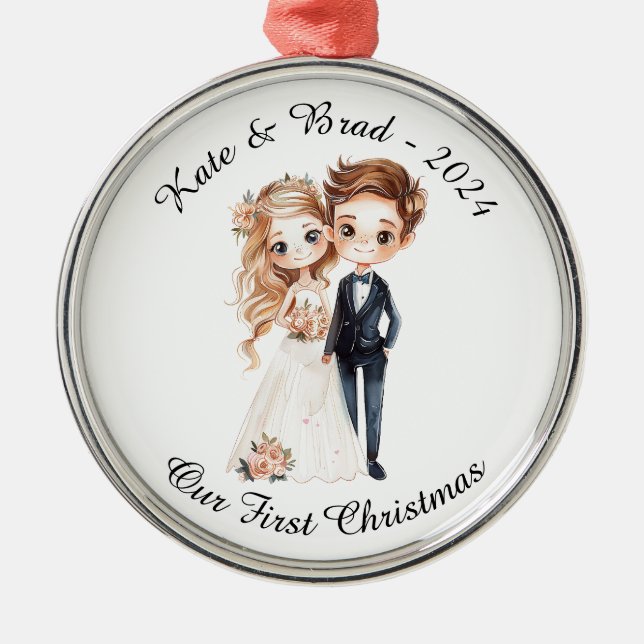 Personalized Wedding Couple, Our First Christmas Metal Tree Decoration (Front)