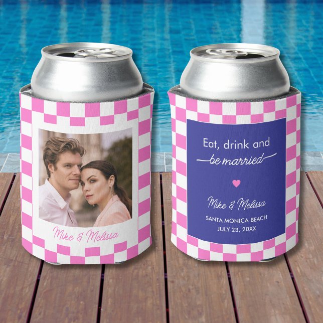 Personalized Wedding Custom Photo Retro Pink Tiles Can Cooler (Creator Uploaded)