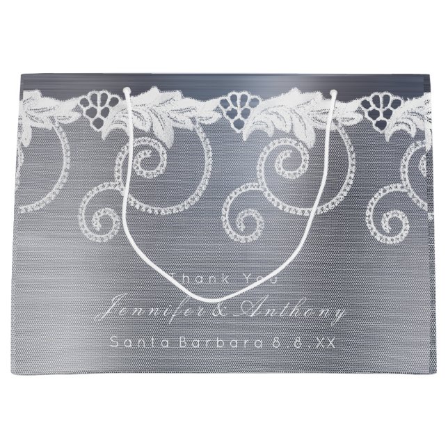 Personalized Wedding Gray Graphite White Lace Large Gift Bag (Front)