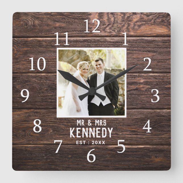 Personalized Wedding Photo Anniversary Brown Wood Square Wall Clock (Front)