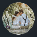 Personalized Wedding Photo With Modern Calligraphy Large Clock<br><div class="desc">The design has white rectangular frame on the lower side and modern calligraphy texts which can be customized to your preference. Replace the picture in the center with your own wedding photo. It will make a lovely custom made wedding favor gifts for your guests or for your own keepsake.</div>