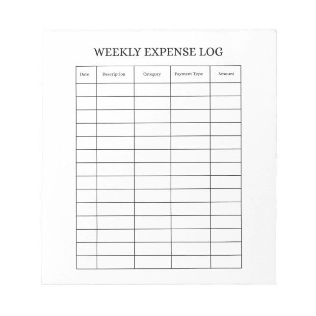 Personalized Weekly Expense Log Notepad (Front)