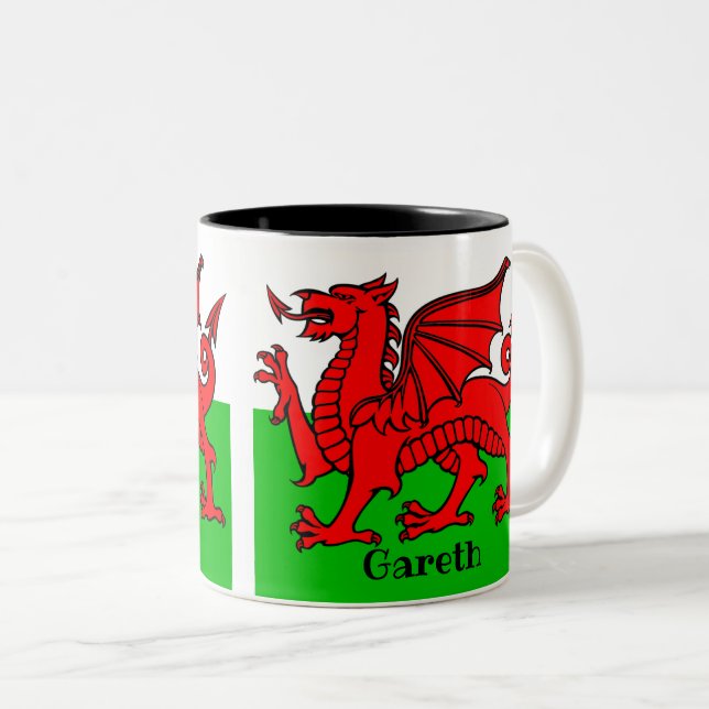 Personalized Welsh Flag Two-Tone Coffee Mug (Front Right)