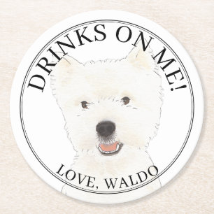 Personalized Westie Highland Terrier Dog Wedding Round Paper Coaster