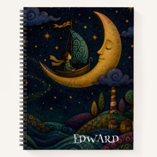 PERSONALIZED WHIMSICAL BOY SAILING GOLDEN  MOON NOTEBOOK