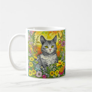 Personalized Whimsical Cat and Flowers Coffee Mug