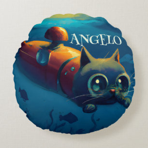 PERSONALIZED WHIMSICAL CAT UNDERWATER ADVENTURE ROUND CUSHION