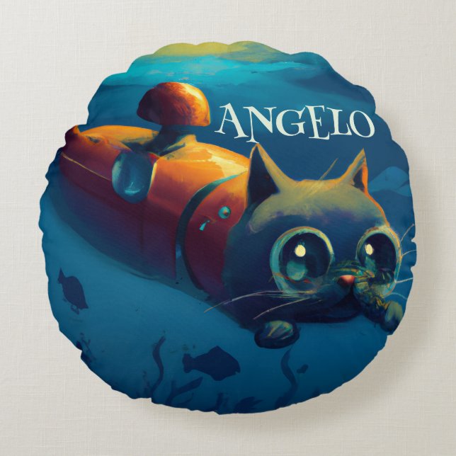 PERSONALIZED WHIMSICAL CAT UNDERWATER ADVENTURE  ROUND CUSHION (Front)