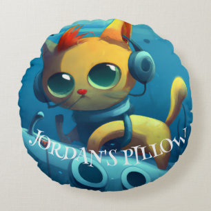 PERSONALIZED WHIMSICAL CAT UNDERWATER DECOR ROUND CUSHION